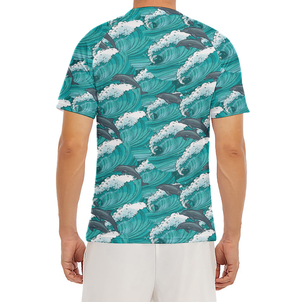 Dolphin Riding Waves Pattern Print Men's Short Sleeve Rash Guard