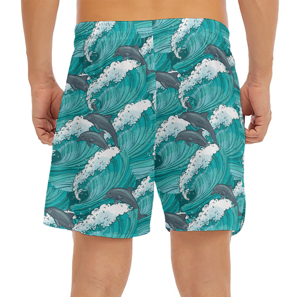 Dolphin Riding Waves Pattern Print Men's Split Running Shorts