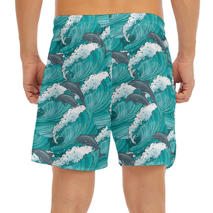Dolphin Riding Waves Pattern Print Men's Split Running Shorts