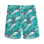 Dolphin Riding Waves Pattern Print Men's Sports Shorts