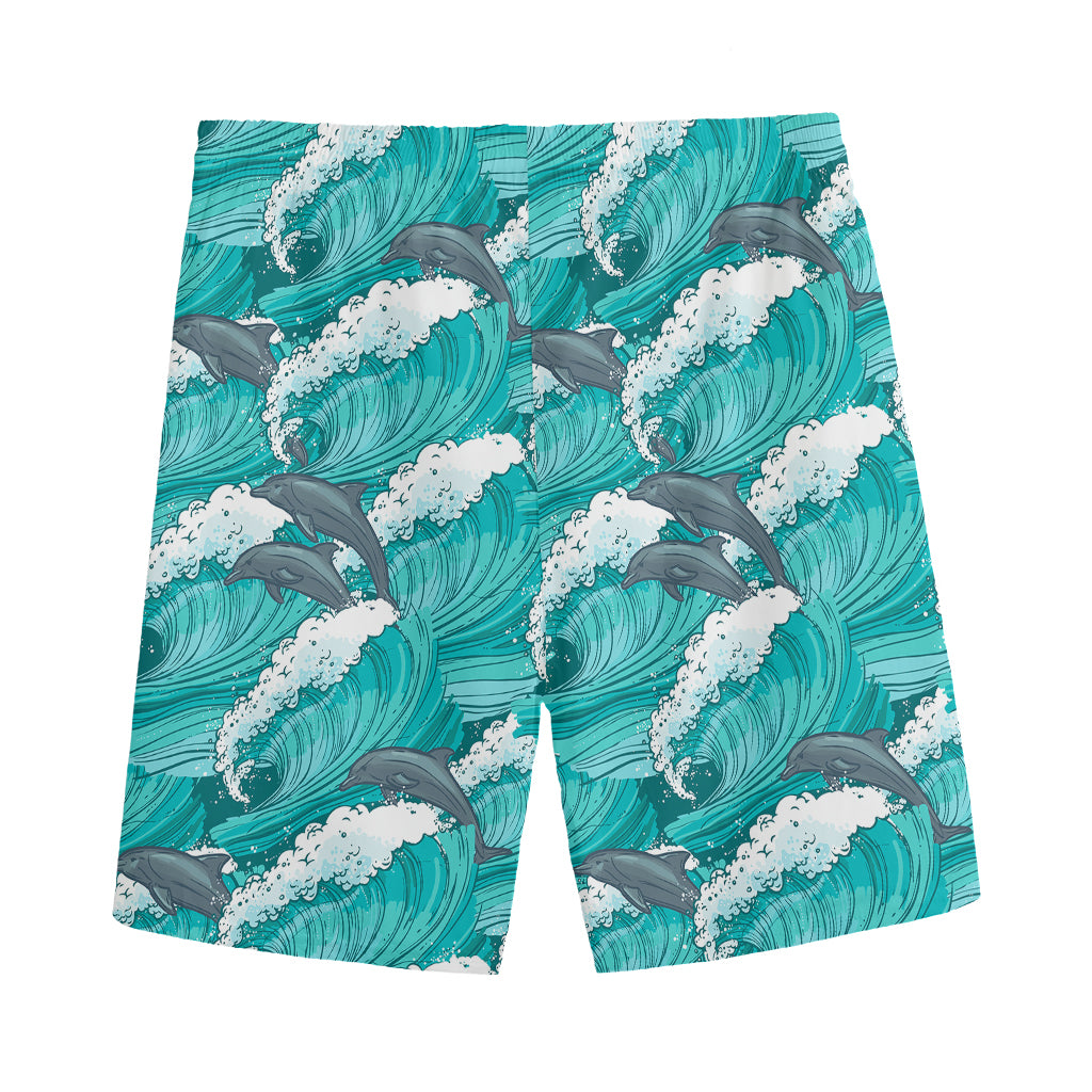 Dolphin Riding Waves Pattern Print Men's Sports Shorts
