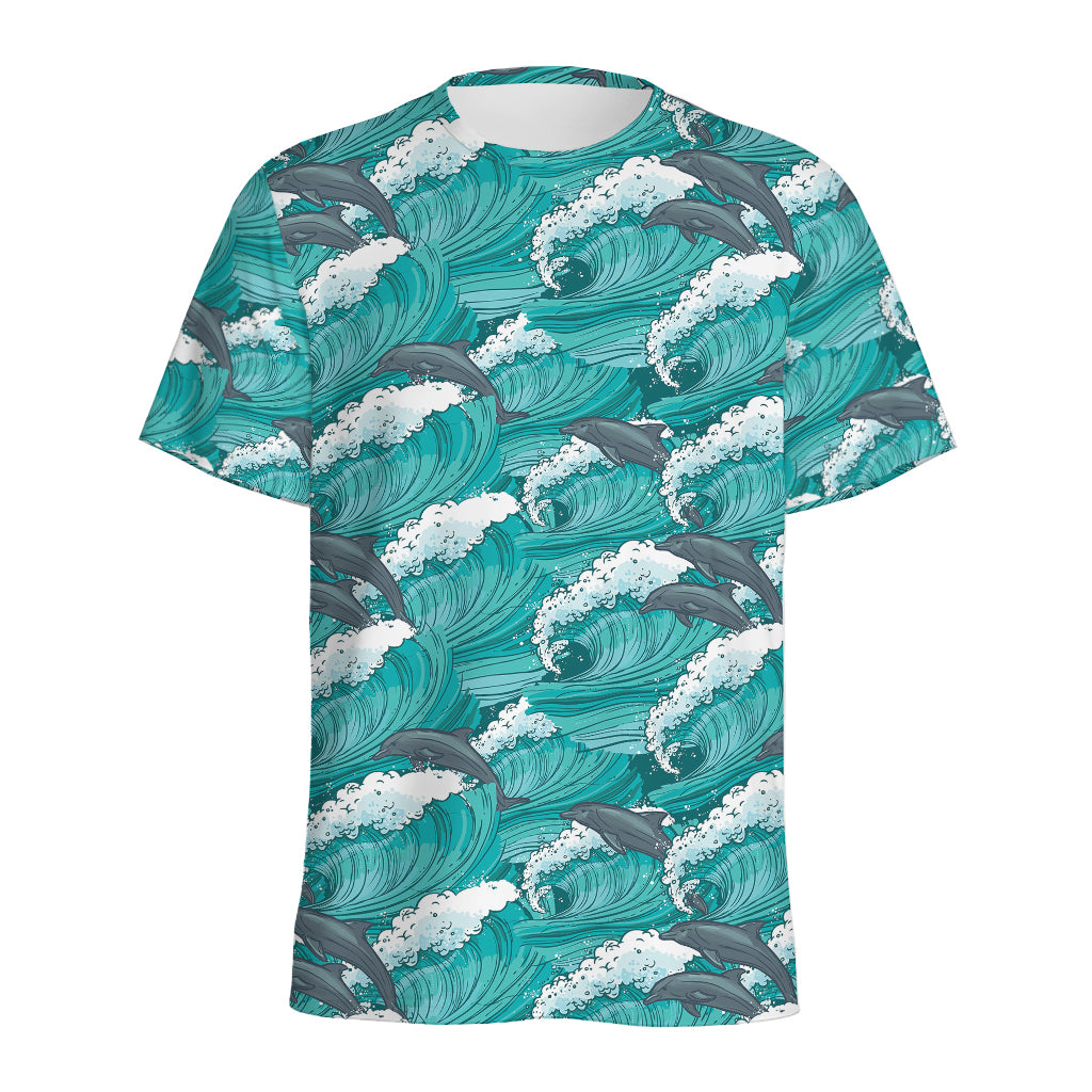 Dolphin Riding Waves Pattern Print Men's Sports T-Shirt