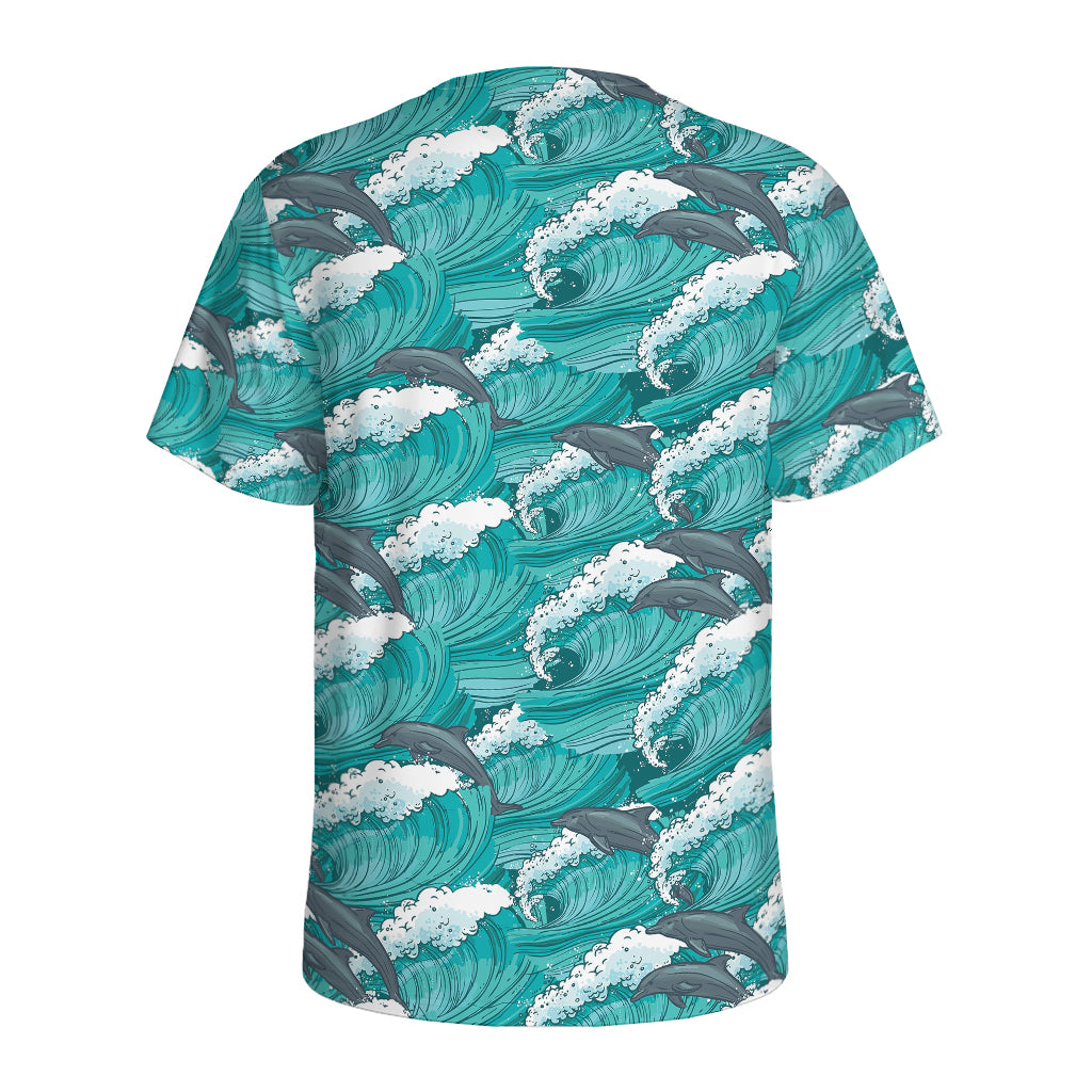 Dolphin Riding Waves Pattern Print Men's Sports T-Shirt