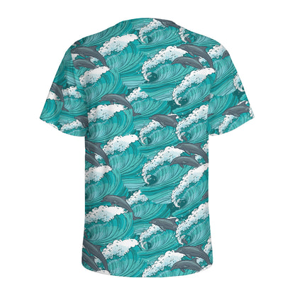 Dolphin Riding Waves Pattern Print Men's Sports T-Shirt