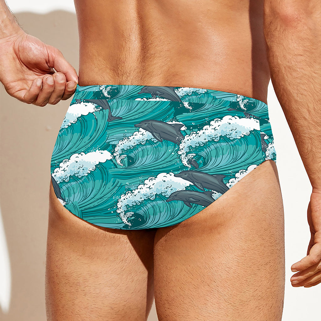 Dolphin Riding Waves Pattern Print Men's Swim Briefs