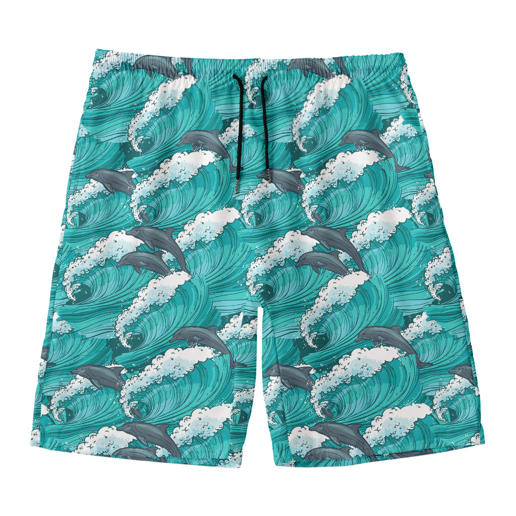 Dolphin Riding Waves Pattern Print Men's Swim Trunks