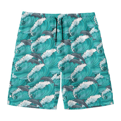 Dolphin Riding Waves Pattern Print Men's Swim Trunks