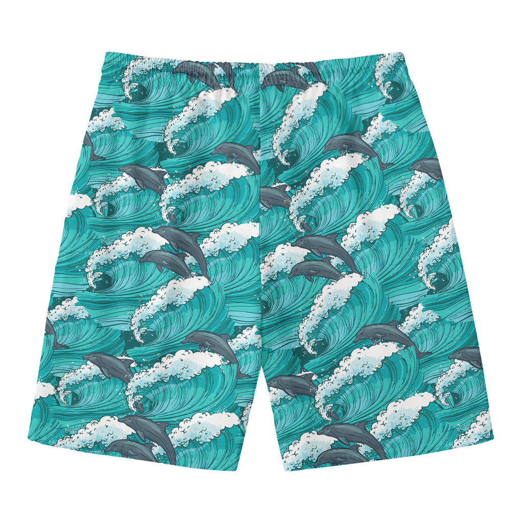Dolphin Riding Waves Pattern Print Men's Swim Trunks