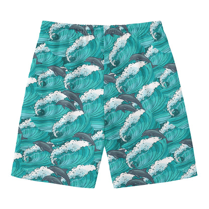Dolphin Riding Waves Pattern Print Men's Swim Trunks