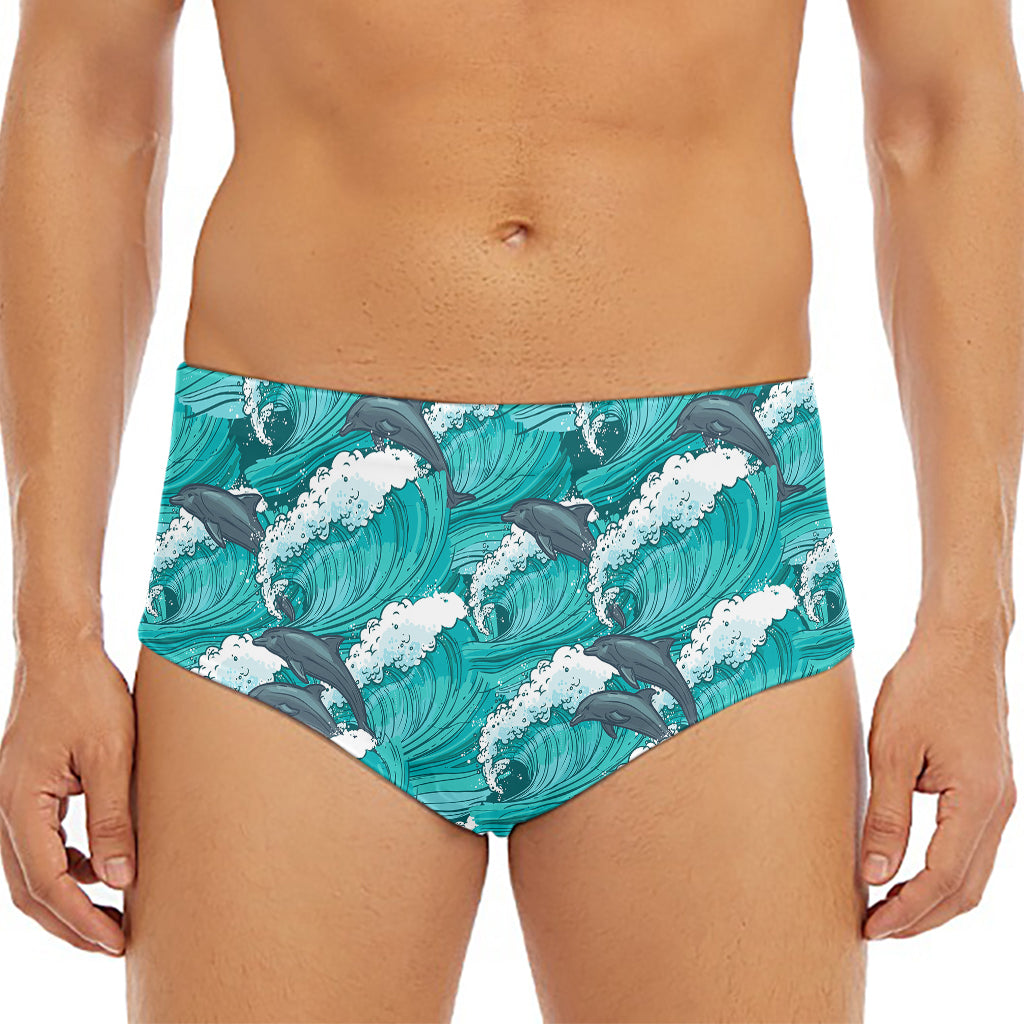 Dolphin Riding Waves Pattern Print Men's Triangle Swim Briefs