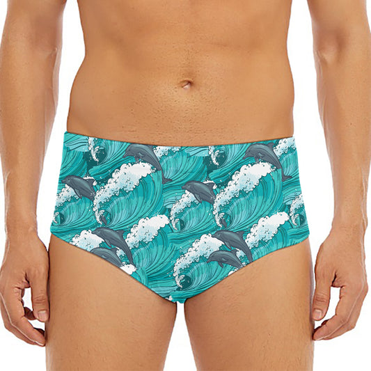 Dolphin Riding Waves Pattern Print Men's Triangle Swim Briefs
