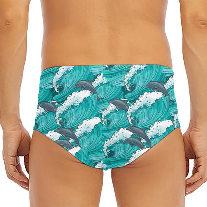 Dolphin Riding Waves Pattern Print Men's Triangle Swim Briefs
