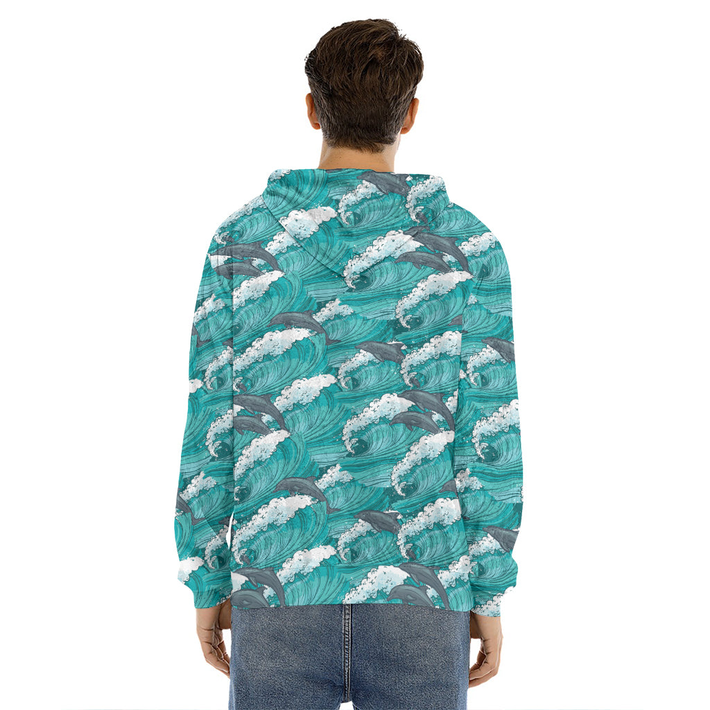 Dolphin Riding Waves Pattern Print Men's Velvet Pullover Hoodie