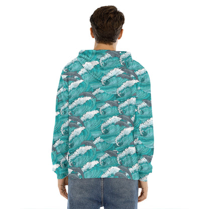 Dolphin Riding Waves Pattern Print Men's Velvet Pullover Hoodie
