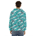 Dolphin Riding Waves Pattern Print Men's Velvet Pullover Hoodie