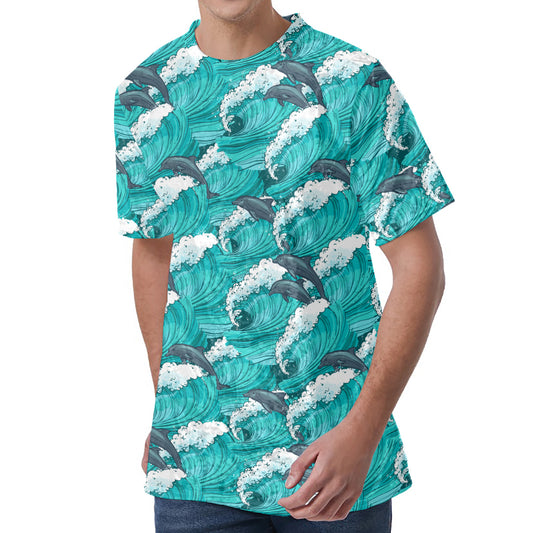 Dolphin Riding Waves Pattern Print Men's Velvet T-Shirt