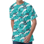 Dolphin Riding Waves Pattern Print Men's Velvet T-Shirt