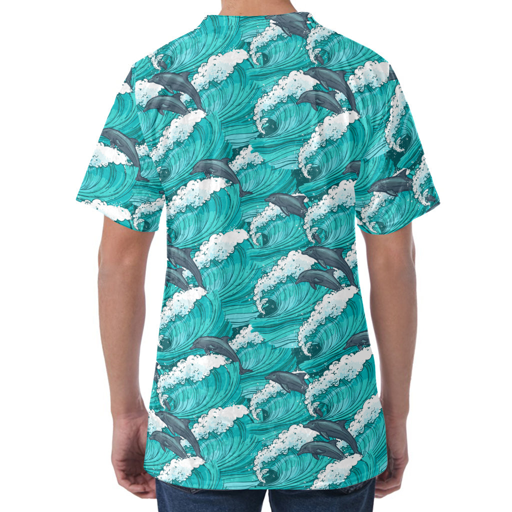 Dolphin Riding Waves Pattern Print Men's Velvet T-Shirt
