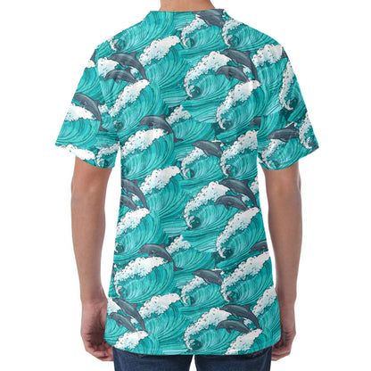 Dolphin Riding Waves Pattern Print Men's Velvet T-Shirt