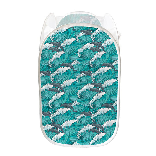 Dolphin Riding Waves Pattern Print Mesh Laundry Hamper