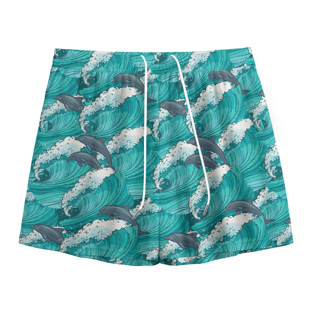 Dolphin Riding Waves Pattern Print Mesh Shorts