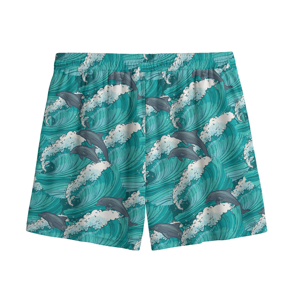 Dolphin Riding Waves Pattern Print Mesh Shorts