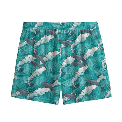 Dolphin Riding Waves Pattern Print Mesh Shorts