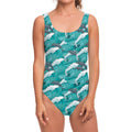 Dolphin Riding Waves Pattern Print One Piece Swimsuit