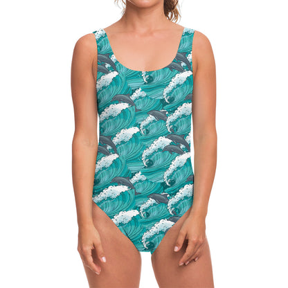 Dolphin Riding Waves Pattern Print One Piece Swimsuit