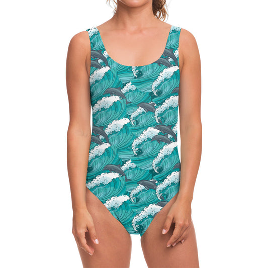 Dolphin Riding Waves Pattern Print One Piece Swimsuit