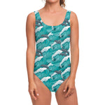 Dolphin Riding Waves Pattern Print One Piece Swimsuit