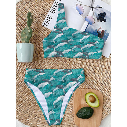 Dolphin Riding Waves Pattern Print One Shoulder Bikini Top