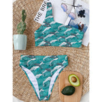Dolphin Riding Waves Pattern Print One Shoulder Bikini Top