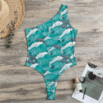 Dolphin Riding Waves Pattern Print One Shoulder Bodysuit