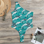 Dolphin Riding Waves Pattern Print One Shoulder Bodysuit