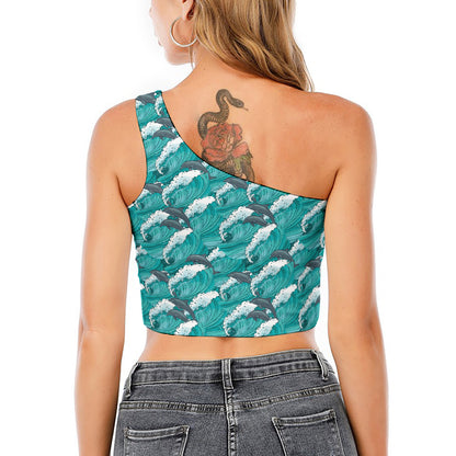 Dolphin Riding Waves Pattern Print One Shoulder Crop Top