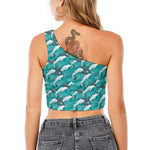 Dolphin Riding Waves Pattern Print One Shoulder Crop Top