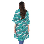 Dolphin Riding Waves Pattern Print Open Front Beach Cover Up