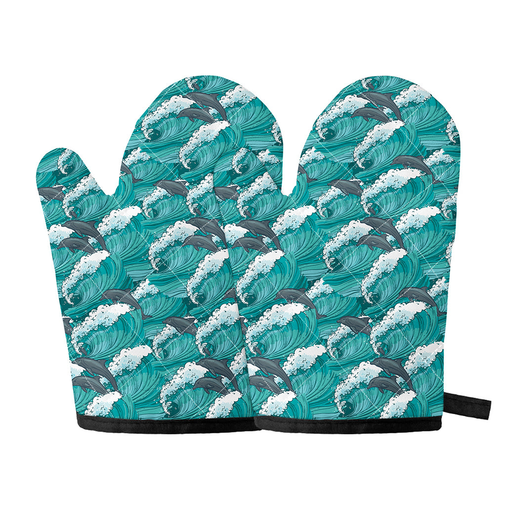 Dolphin Riding Waves Pattern Print Oven Mitts