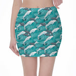 Dolphin Riding Waves Pattern Print Pencil Mini Skirt