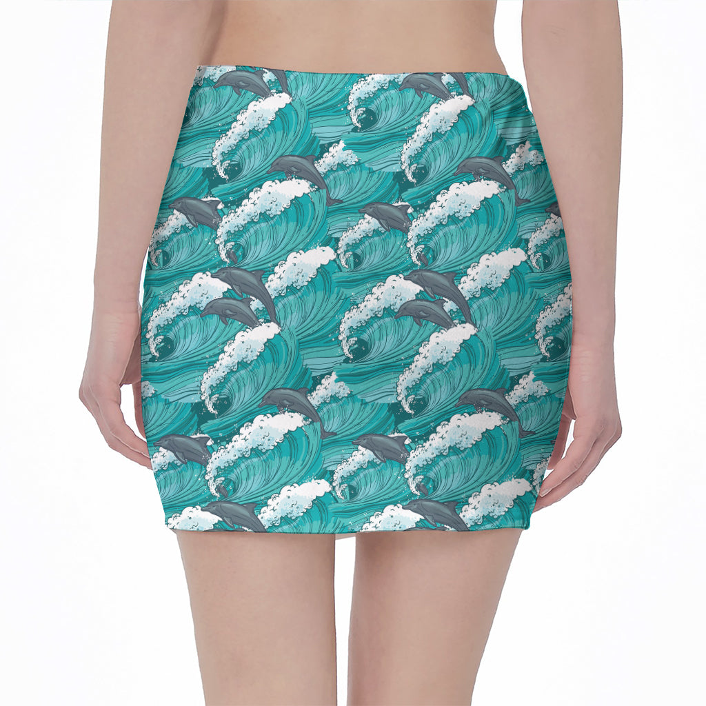 Dolphin Riding Waves Pattern Print Pencil Mini Skirt