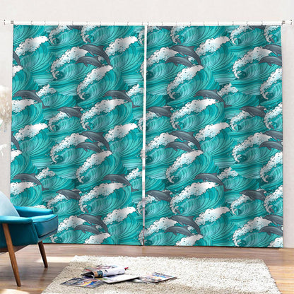 Dolphin Riding Waves Pattern Print Pencil Pleat Curtains
