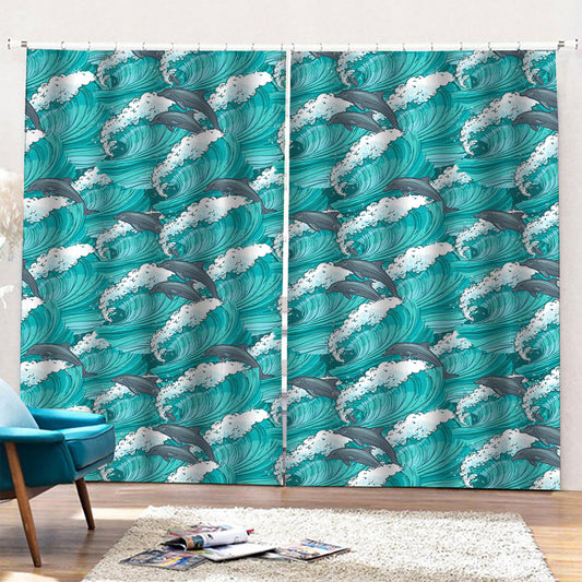 Dolphin Riding Waves Pattern Print Pencil Pleat Curtains