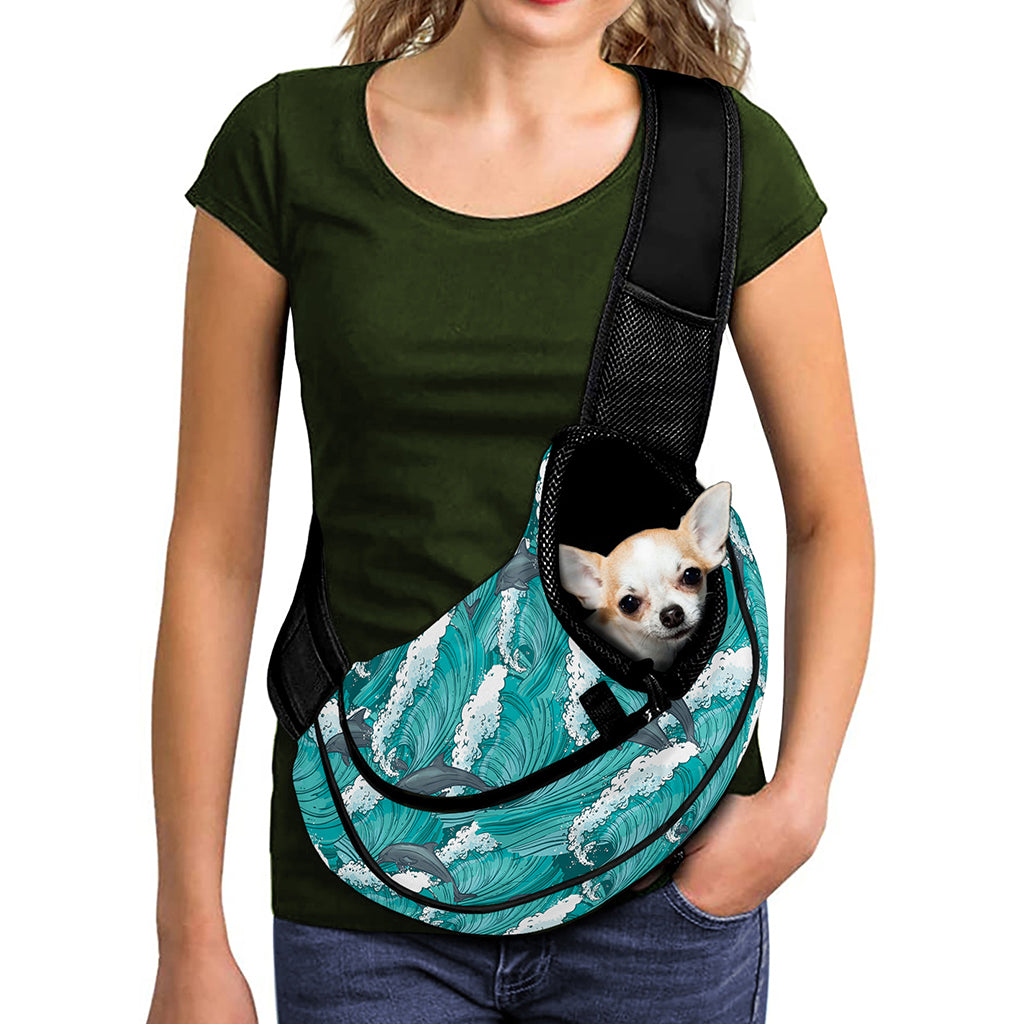 Dolphin Riding Waves Pattern Print Pet Sling Carrier