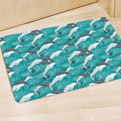 Dolphin Riding Waves Pattern Print Polyester Doormat