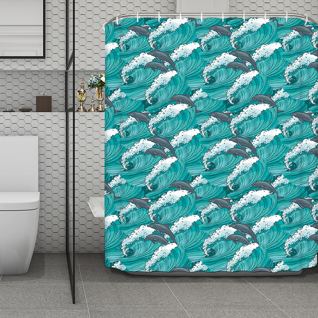 Dolphin Riding Waves Pattern Print Polyester Shower Curtain