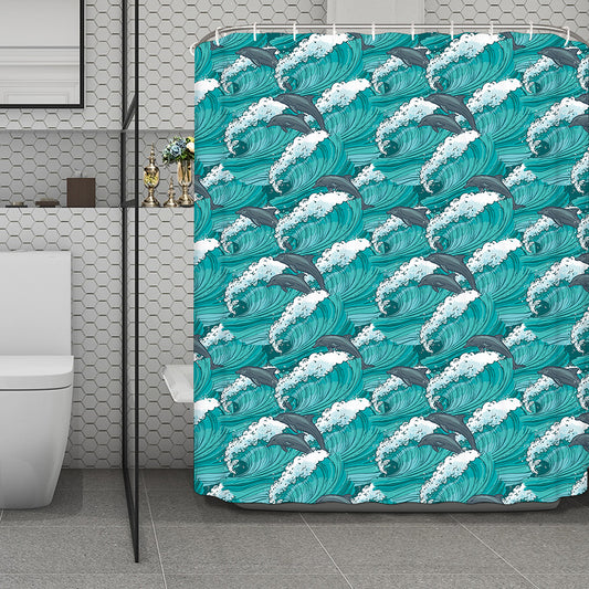 Dolphin Riding Waves Pattern Print Polyester Shower Curtain