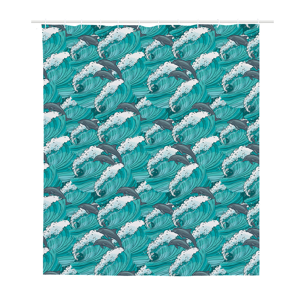 Dolphin Riding Waves Pattern Print Polyester Shower Curtain