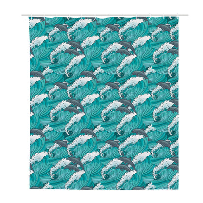 Dolphin Riding Waves Pattern Print Polyester Shower Curtain