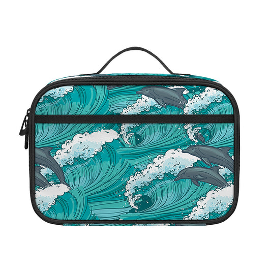 Dolphin Riding Waves Pattern Print Portable Lunch Bag